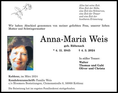 Traueranzeigen Von Anna Maria Weis Rz Trauer De