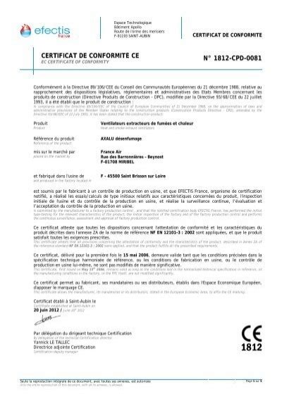 CERTIFICAT DE CONFORMITÉ CE N 1812 CPD 0081 France Air