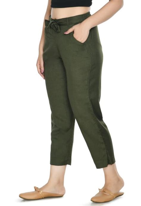 Buy Preego Women Olive Slim Fit Pure Cotton Trousers Online At Best Prices In India Jiomart