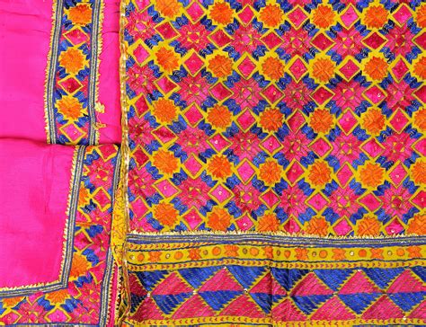 Fuchsia Rose Phulkari Hand Embroidered Salwar Kameez Fabric From Punjab