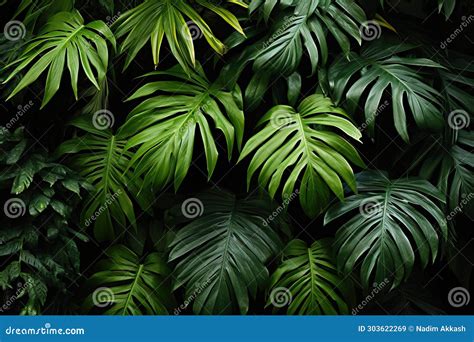 Tropical Jungle Nature Green Palm Leaves On Dark Background In A Garden