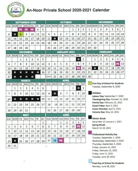 School Calendar – An-Noor Private School