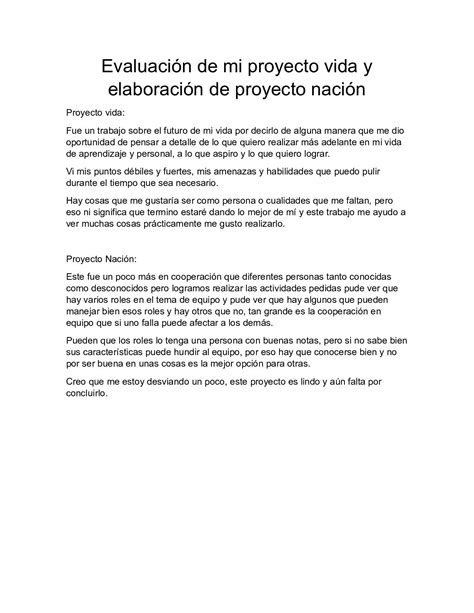 Calam O Evaluaci N De Mi Proyecto Vida Y Elaboraci N De Proyecto Naci N