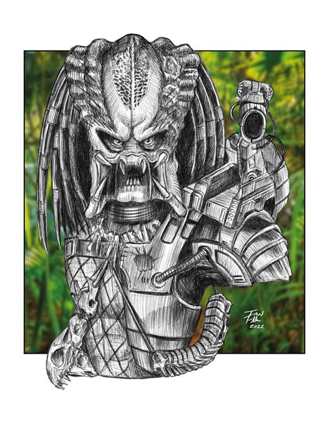 Predator Drawing Fine Art Print Artwork Prey Alien Creature Pen