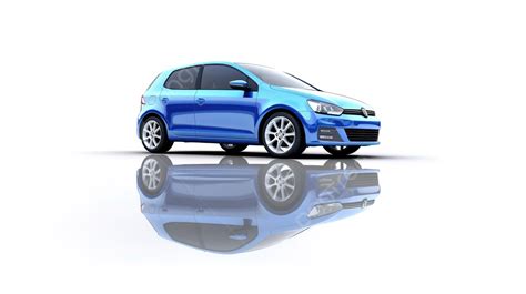 Blue Volkswagen Golf That Is Reflected In A White Surface Background