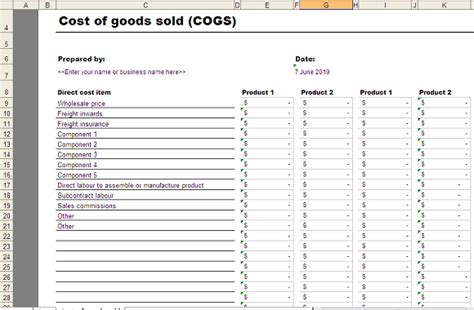 Cost Of Goods Sold Spreadsheet Template