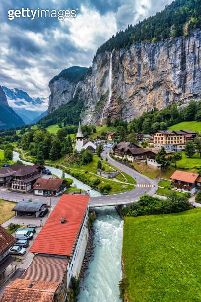 Famous Lauterbrunnen Town And Staubbach Waterfall Bernese Oberland