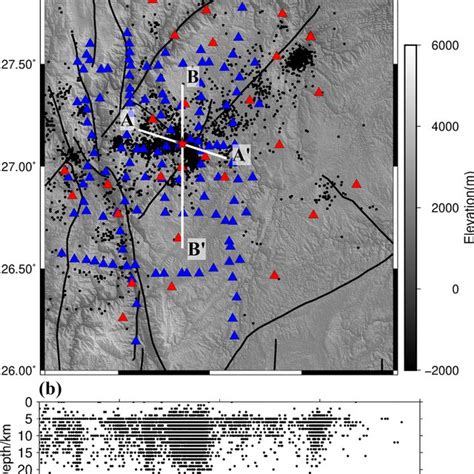 A The Distribution Of MT Sites Blue Triangles And Seismic Stations