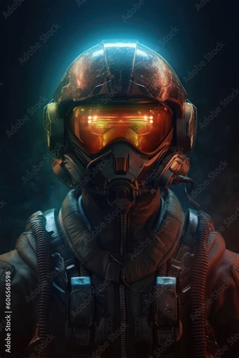 A fighter pilot is portrayed wearing a helmet in digital art ...