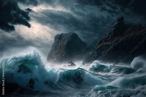 Ilustracja Stock Thunderstorm Over A Rugged Coastline With Crashing