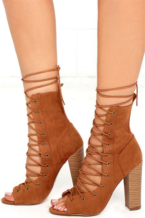 Sexy Tan High Heel Booties Lace Up Booties Tan Mid Calf Boots 3500 Lulus