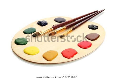 Wooden Art Palette Paint Brushes Isolated Stock Photo 107217827