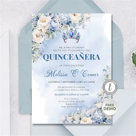 Blue Tiara Quinceanera Invitation Template Dusty Blue Hydrangea White Roses Etsy