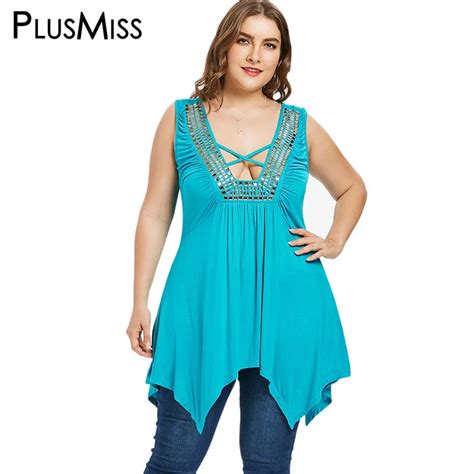 Plusmiss Plus Size Rhinestone Sequin Tunic Ethnic Boho Tank Tops Women