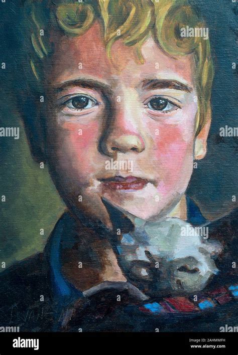 Boy Portrait with Cat Oil Painting Close Up Stock Photo - Alamy