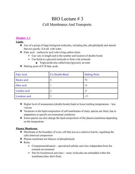 Bio Notes On Lecture Bio Lecture Cell Membranes And