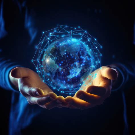 Hand Holding Globe With Blue Glowing Tech Icons Surrounding Created