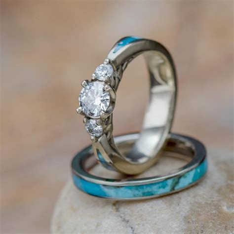 Turquoise Bridal Set Moissanite Engagement Ring With Turquoise Band