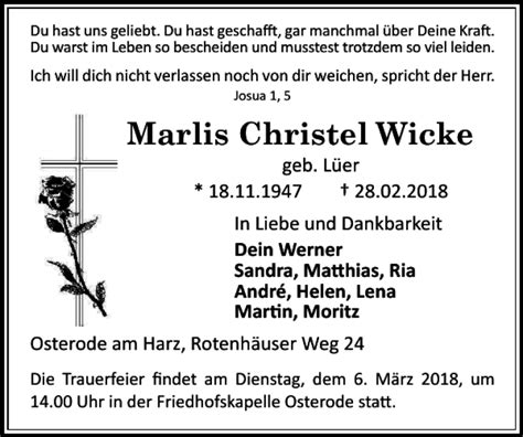 Traueranzeigen Von Marlis Christel Wicke Harztrauer De