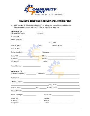 Fillable Online Members Chequing Account Application Form Fax Email