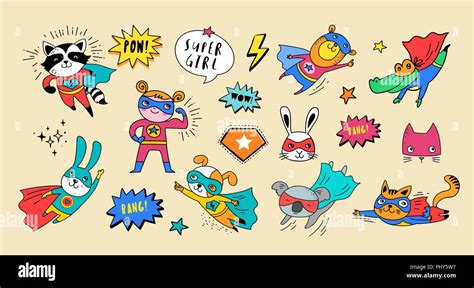 Superhero Cute Hand Drawn Animals Cat Dog Panda Bear And Crocodile