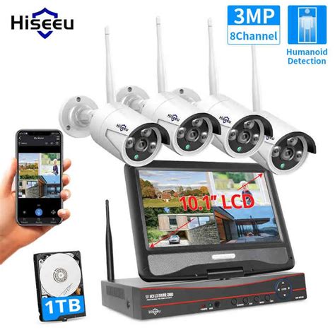 Hiseeu 3MP 8CH Cámara Inalámbrica CCTV Kit 10 1 Monitor LCD 1536P