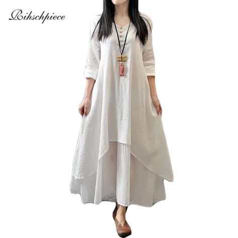 Rihschpiece Vintage Cotton Linen Maxi Dress White Casual Long Plus Size