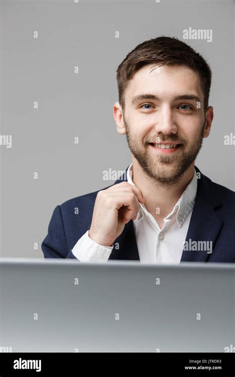 Business Concept Portrait Handsome Happy Handsome Business Man In Suit Smiling And Siting In