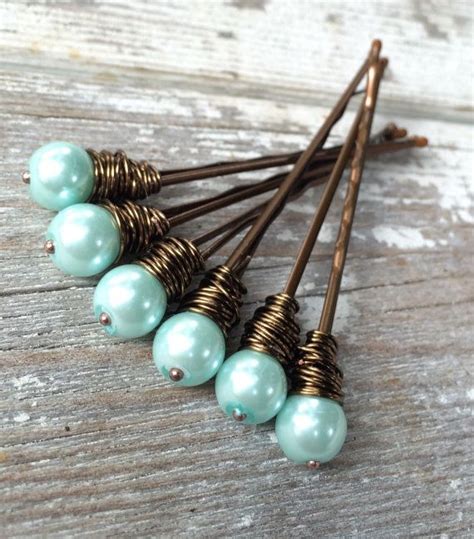 Mint Green Beaded Bobby Pins Wire Wrapped Hair Pins Glass Pearl Bun