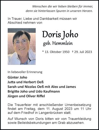 Traueranzeigen Von Doris Joho Trauer Rnz De