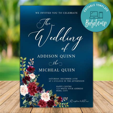 Printable Burgundy Floral Dark Blue Wedding Invitation DIY | Bobotemp