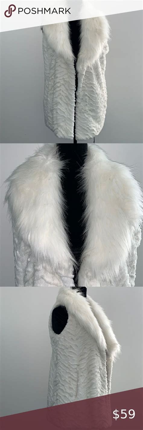 Adrienne Landau White Shaggy Faux Fur Vest Faux Fur Collar Faux Fur