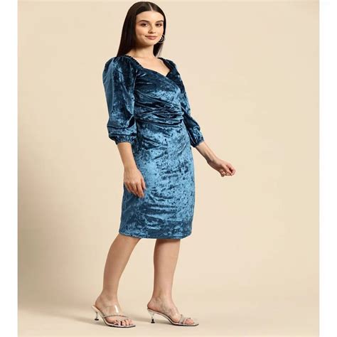 Slim Fit Women Blue Velvet Party Wear Short Dress Size Xl At Rs