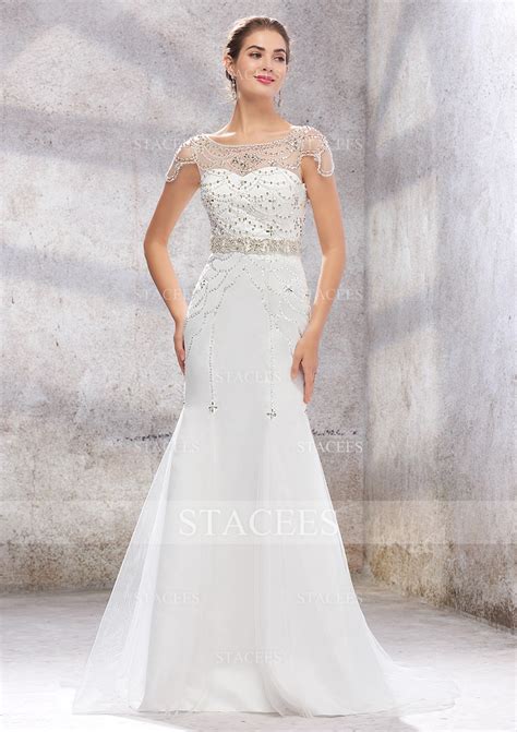 Trumpet Mermaid Bateau Sweep Train Tulle Wedding Dress With Beading