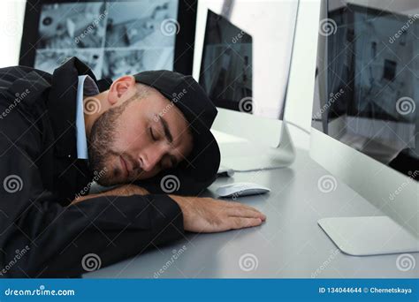 Male Security Guard Sleeping Stock Photo Image Of Computer Police