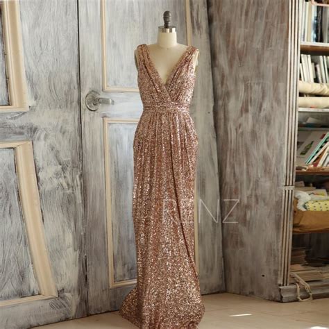 2015 Rose Gold Bridesmaid Dress Long Gold Sequin Wedding Dress