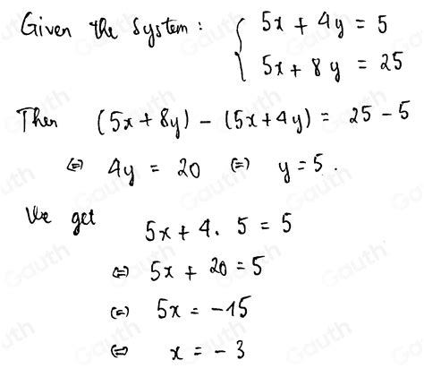 Solved Solve The Following System Of Equations 5x 4y 5 5x 8y 25 X × 5 Y [math]