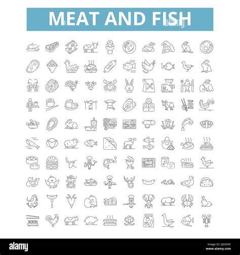 Meat And Fish Icons Line Symbols Web Signs Vector Set Isolated