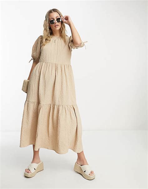 Wednesdays Girl Tiered Midi Smock Dress In Textured Stone Asos