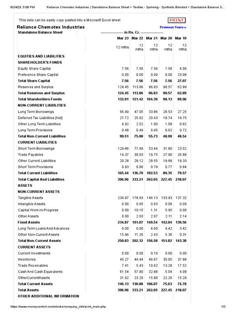 Reliance Chemotex Balance Sheet Pdf Balance Sheet Equity Finance