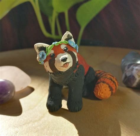 Ooak Red Panda Figurine Cute Polymer Clay Figure With Flower Etsy Ireland