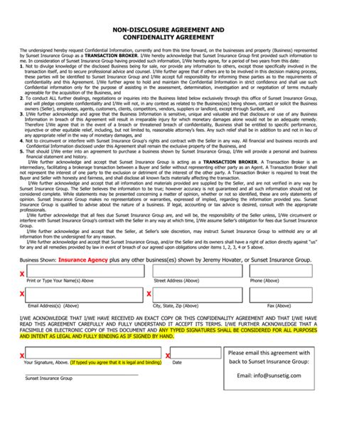 Confidentiality Agreement Sunset Insurance Group