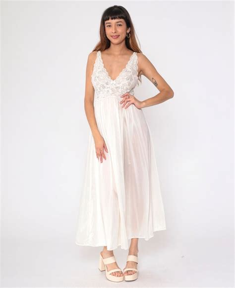 White Lingerie Nightgown S Sheer Lace Slip Dress Br Gem