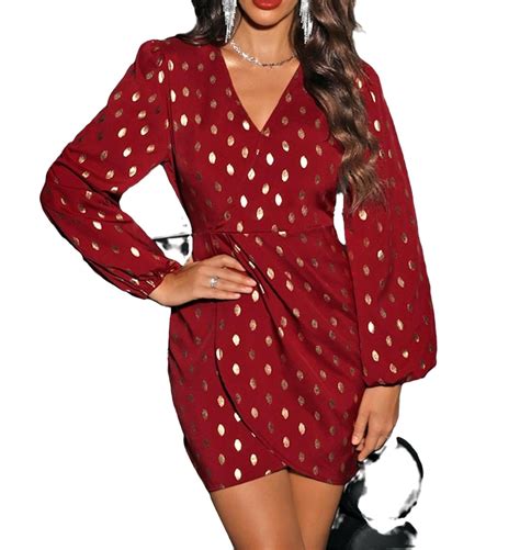 Party Polka Dot Fitted Dress V Neck Burgundy Women Dresses Walmart