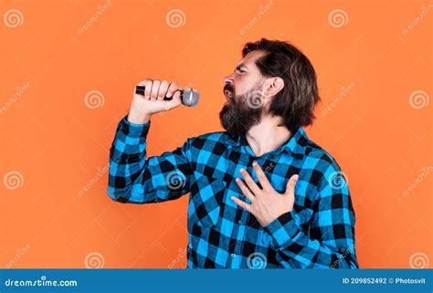 Music Is The Answer Male In Karaoke Music And Vocal Concept Bearded Man In Checkered Shirt