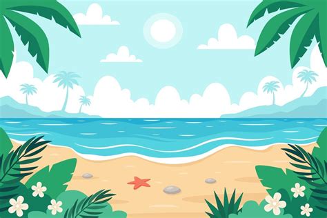 Beach landscape. Seashore with starfish, palms and tropical plants ...