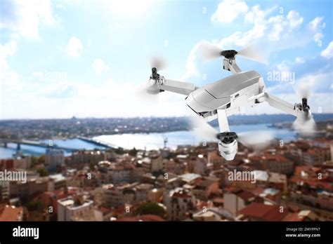 Modern Drone Flying Over City Aerial Survey Stock Photo Alamy