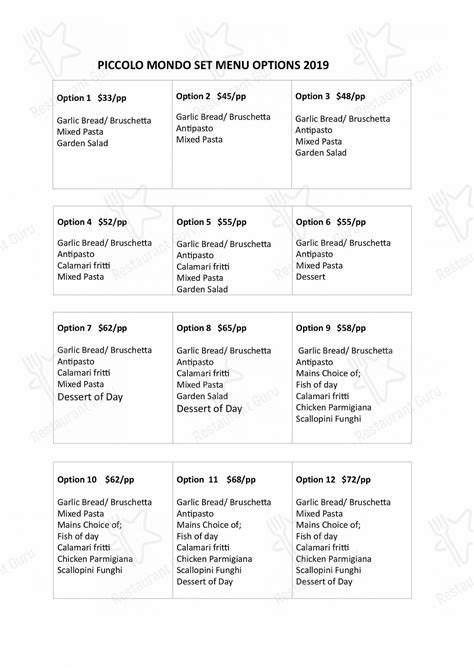 Menu at Piccolo Mondo restaurant, Carlton, 240 Lygon St