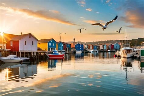 Um barco está atracado em frente a uma casa colorida gaivotas