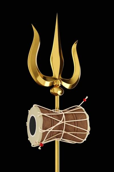 Trishul De Shiva En Oro Y Madera Damru Tambor Instrumento Musical Sobre